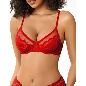 Women's Red Lace Balco nette Underwire Unlined Sheer Lingerie Bra